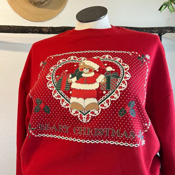 Vintage 90s Red Holiday Berry Christmas Bear Crewneck Sweatshirt Size XL USA - Picture 8 of 11